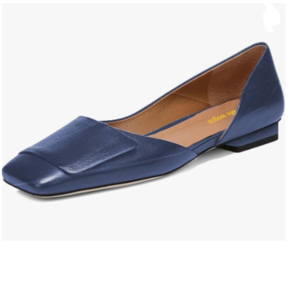 Wo Wagas Dark Blue Side Cut Block Low Heel Square Toe Slip On Pump Working Shoe